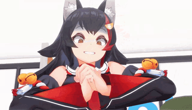 a 3d anime girl with a cat ear and bells around her neck