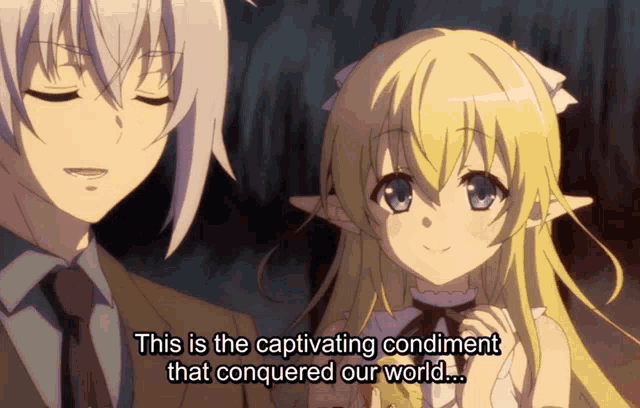 a man and a girl are standing next to each other and the girl says this is the captivating condiment that conquered