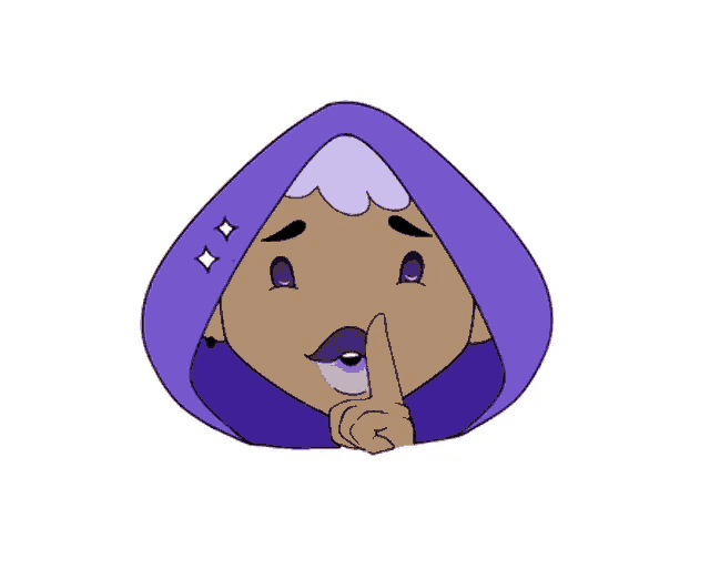 a cartoon character with a purple hood is making a shhh sign