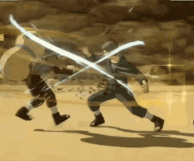 two men are fighting with swords in a video game .