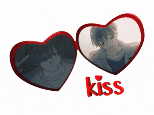 two red hearts with a picture of a man and the word kiss on the bottom