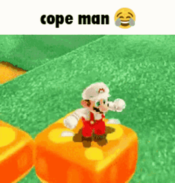a cartoon of a man standing on a cube with the words cope man above him