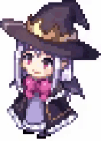 a pixel art illustration of a girl wearing a witch hat .