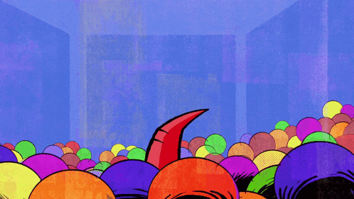 a cartoon character is holding a purple ball in its mouth