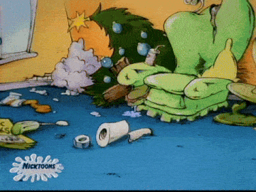 a nickelodeon cartoon shows a christmas tree and a chair