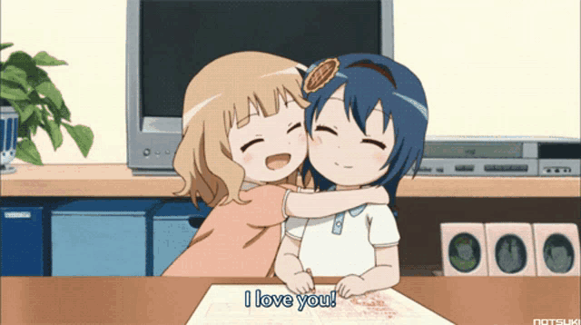 two anime girls hugging each other with the words i love you in the corner