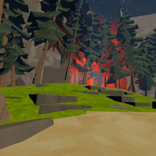 a computer generated image of a forest with trees and rocks in the foreground