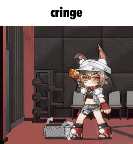 a pixel art of a girl in a gym with the word cringe on the bottom