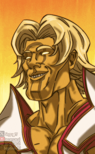 a drawing of a man with blonde hair and a red and white collar has a watermark that says x star 17