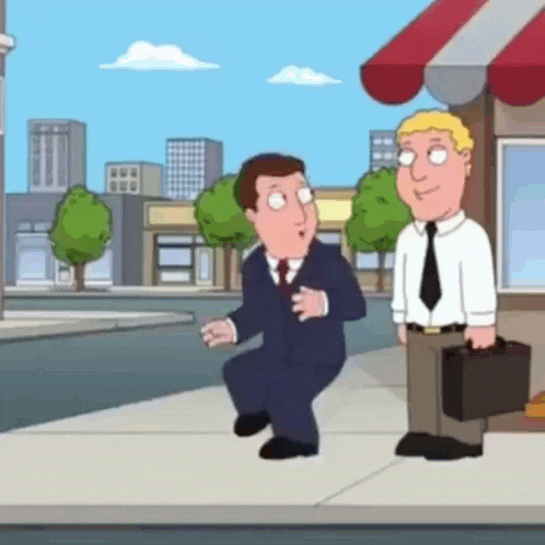 two men are standing on a sidewalk in front of a store . one of the men is holding a briefcase .
