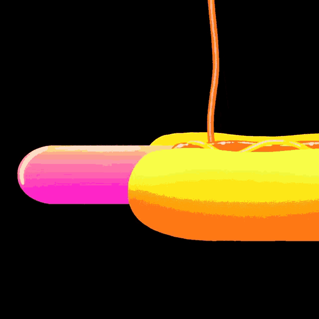 a hot dog with a pink tongue is being poured with ketchup