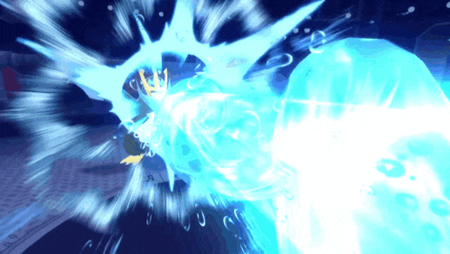 a cartoon character is being struck by a blue beam