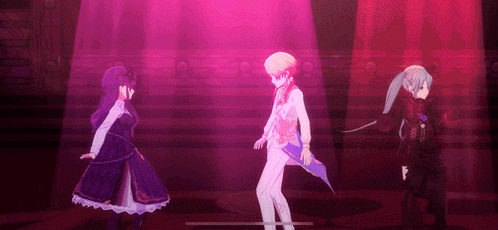 a group of anime characters are dancing on a stage in a dark room