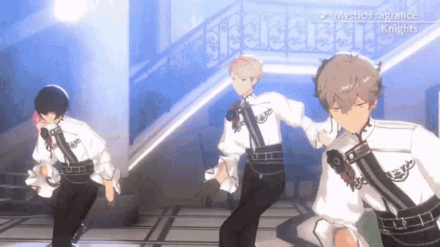three anime characters are dancing in front of a sign that says mystic fragrance knights on it