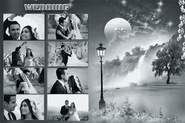 a collage of black and white photos of a wedding