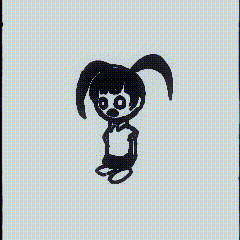 a black and white drawing of a cartoon character holding something