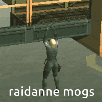 a video game character is laying on the ground with the words raidanne mogs written on the bottom