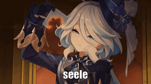a girl with white hair is holding a card with the word seele on it
