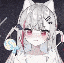 a girl with a cat ear is holding a lollipop and pointing at her chest .