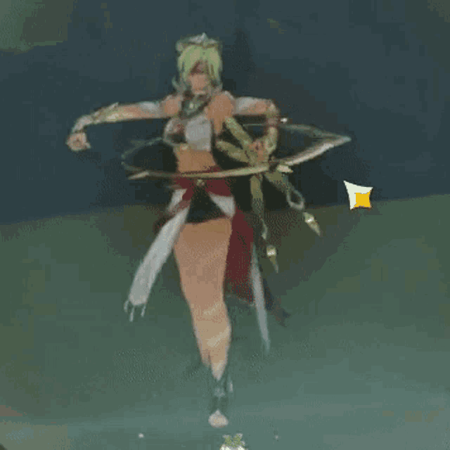 a woman with green hair is holding a bow and arrow in a bubble