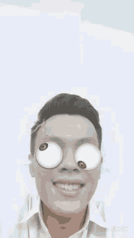 a man wearing a white shirt and glasses with big eyes is smiling and making a funny face .