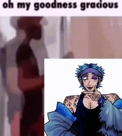 a cartoon of a man with blue hair and the words oh my goodness gracious below him
