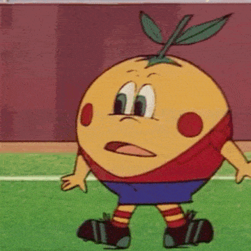 a cartoon character that looks like an orange with a leaf on its head