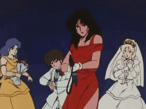a group of anime characters including a bride and groom are standing together