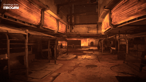 a dark room with greetings from mirogama on the bottom