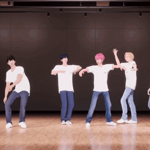 a group of young men are dancing in a room