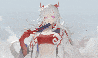 a girl with white hair and red horns is wearing a red and white top with the letter g on it