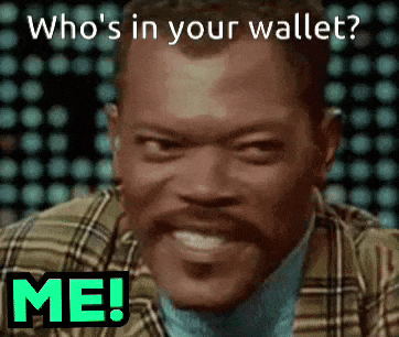 a man with a mustache is smiling with the words who 's in your wallet me behind him
