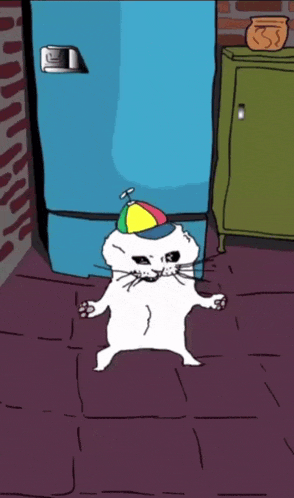 a cartoon cat wearing a colorful hat is standing in front of a refrigerator