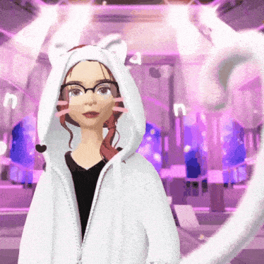 a cartoon girl wearing a white hoodie with cat ears
