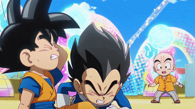 a cartoon of goku and vegeta standing next to each other in front of an amusement park