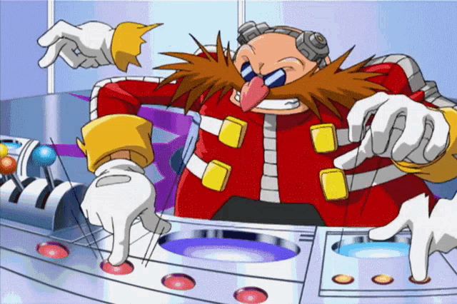 a cartoon character named dr. eggman is playing a video game