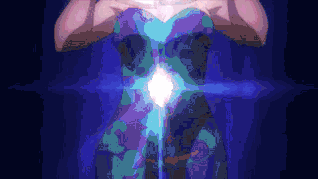a woman in a blue and purple dress is holding a light in her chest .