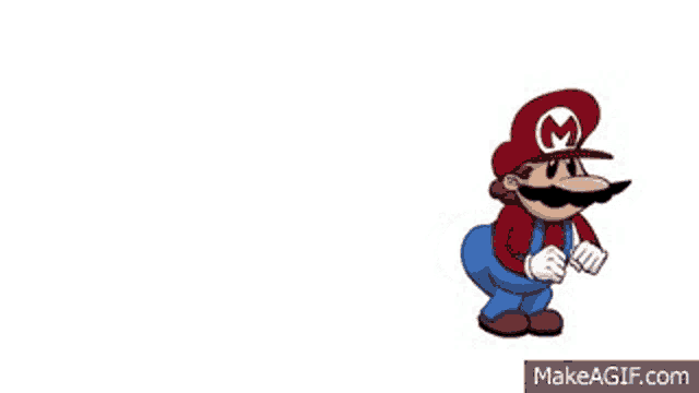 a cartoon of a man in a red hat and blue pants standing next to a ball .