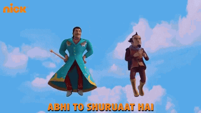 two cartoon characters are flying in the sky with the words abhi to shuruaat hai written on the bottom .
