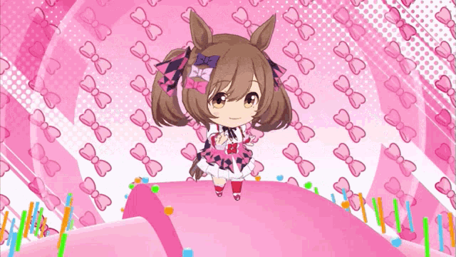 a cartoon horse is standing on a pink cake
