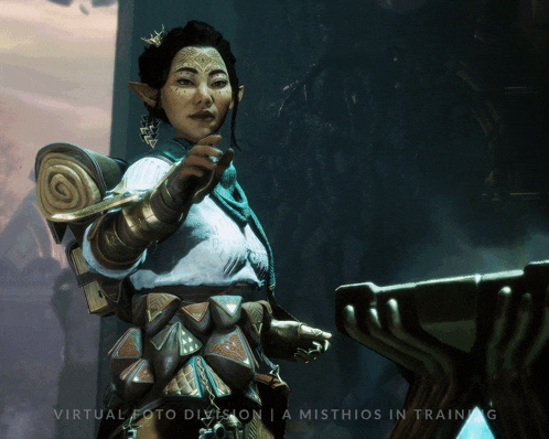 a screenshot of a video game with the words virtual foto division a misthios in training