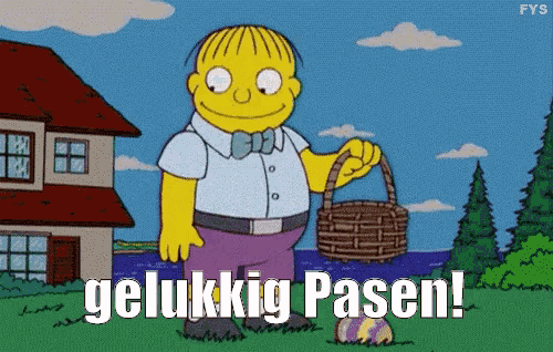 a cartoon of ralph from the simpsons holding an easter basket with the words " gelukkig pasen " below him