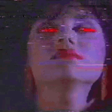 a close up of a woman 's face with red eyes in a glitch effect