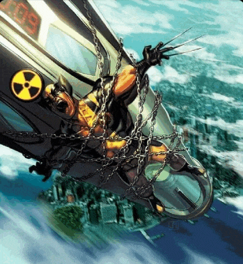 wolverine is chained to the side of a building with a radioactive symbol on it