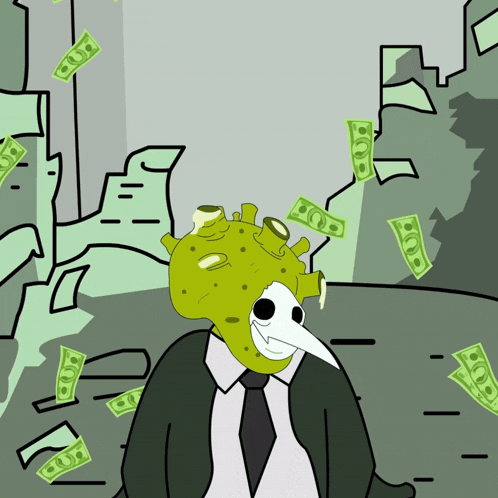a cartoon of a man wearing a plague mask and surrounded by hundred dollar bills
