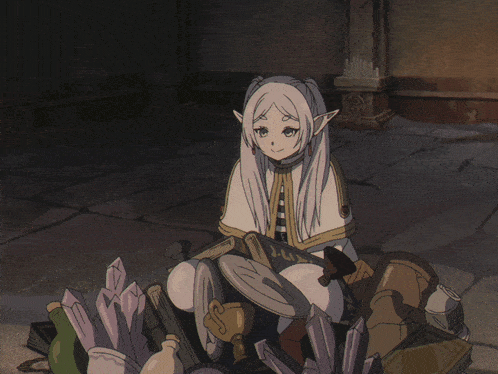 a drawing of a girl sitting on a pile of crystals holding a mirror