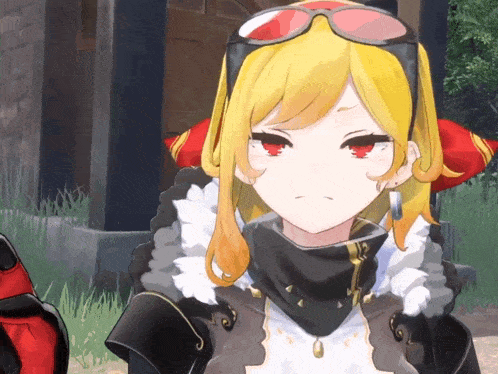 a girl with yellow hair and red eyes wears sunglasses
