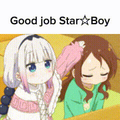 two anime girls are standing next to each other and the words good job star boy are on the bottom