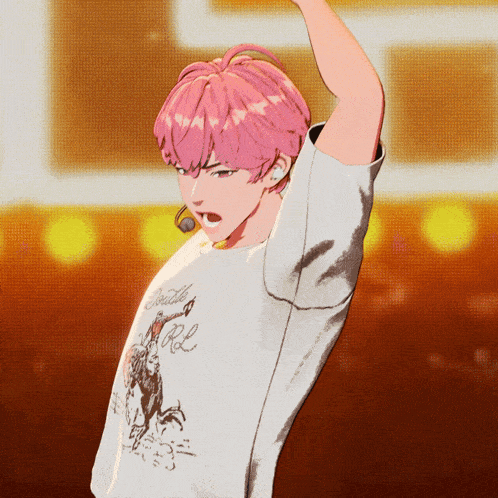 a person with pink hair is wearing a white shirt that says faith