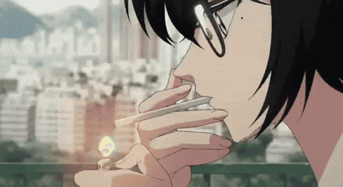 a woman with glasses is smoking a cigarette with a light bulb in her hand